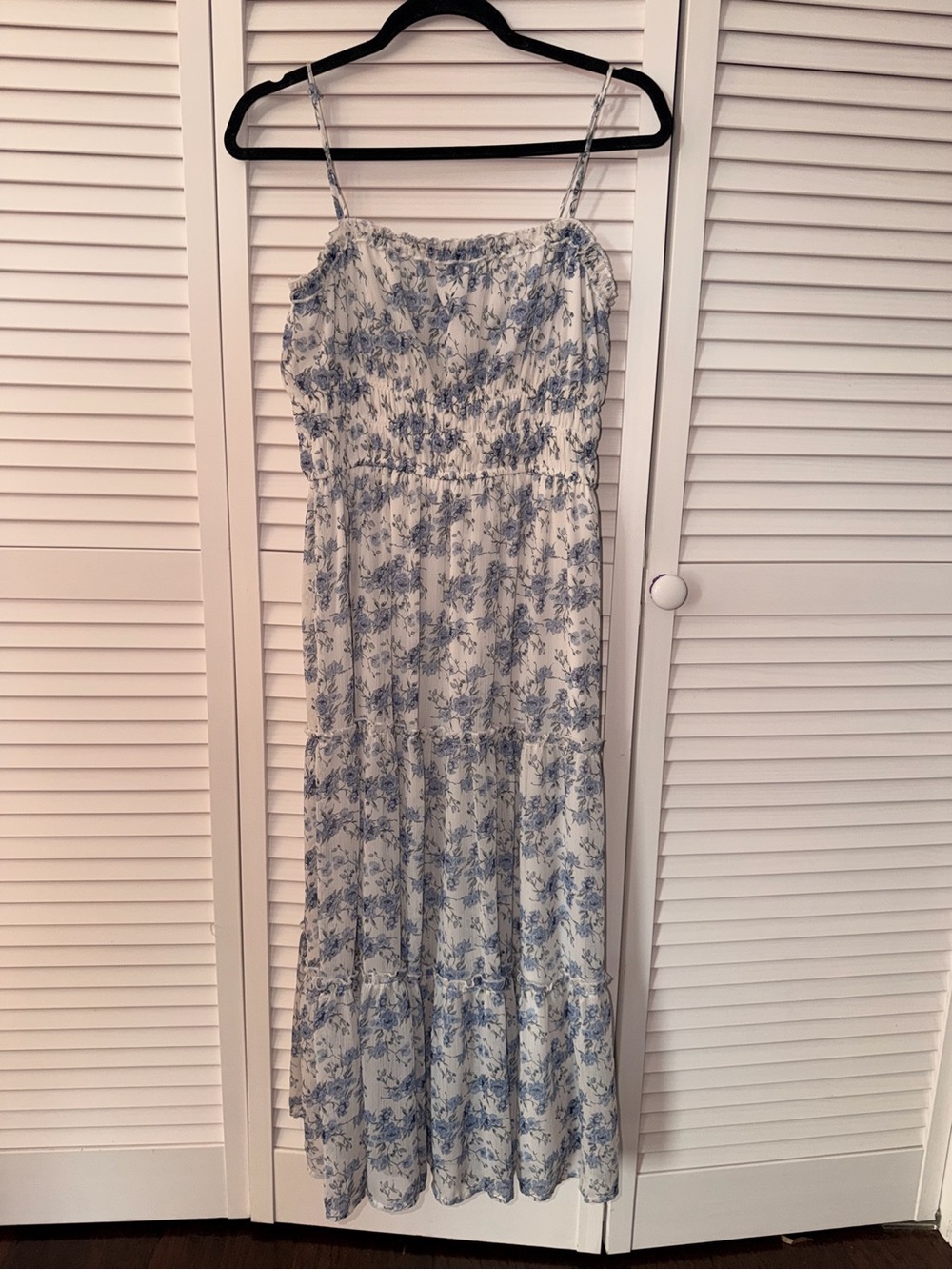 Blue Floral Midi Dress with Smocked Bodice and Spaghetti Straps